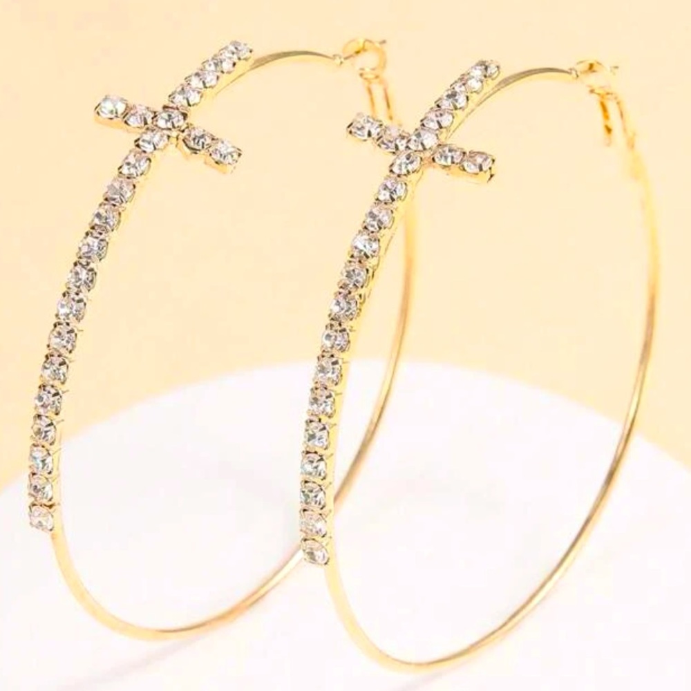 Cubic Zirconia Cross Hoop Earrings
